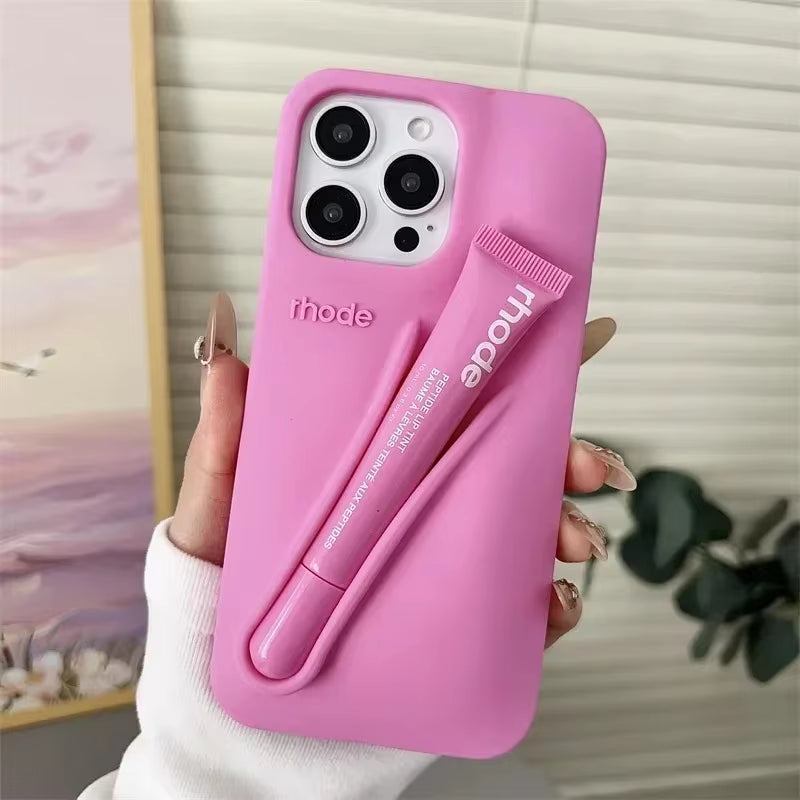 Lemontini Yellow Portable Lip Gloss Phone Silicone Soft Case for Iphone 17 11 12 13 14 15 16 Pro Max plus Lipstick Holder Cover