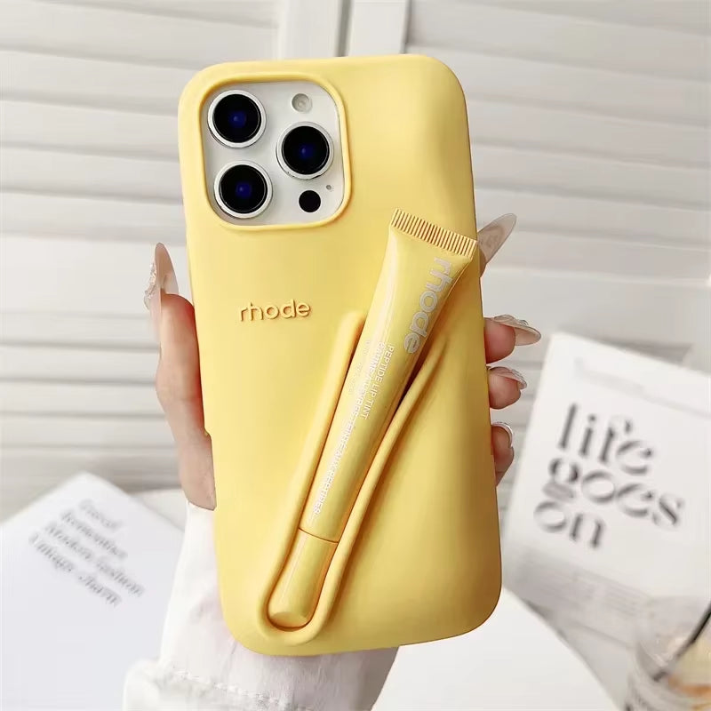 Lemontini Yellow Portable Lip Gloss Phone Silicone Soft Case for Iphone 17 11 12 13 14 15 16 Pro Max plus Lipstick Holder Cover﻿