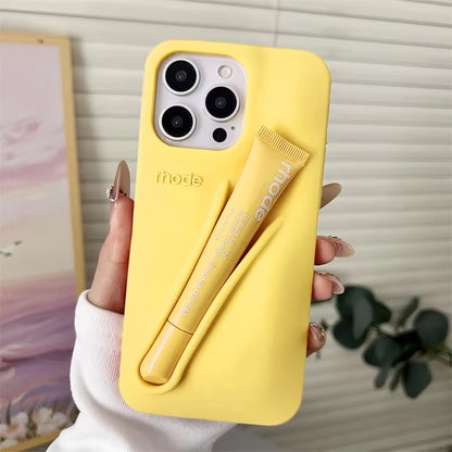 Lemontini Yellow Portable Lip Gloss Phone Silicone Soft Case for Iphone 17 11 12 13 14 15 16 Pro Max plus Lipstick Holder Cover﻿