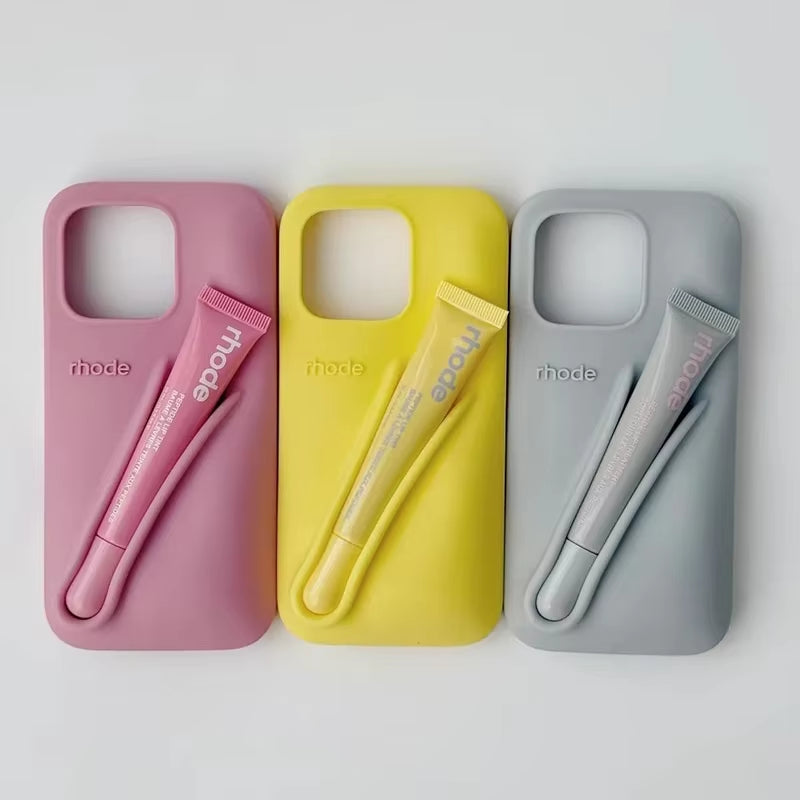 Lemontini Yellow Portable Lip Gloss Phone Silicone Soft Case for Iphone 17 11 12 13 14 15 16 Pro Max plus Lipstick Holder Cover﻿
