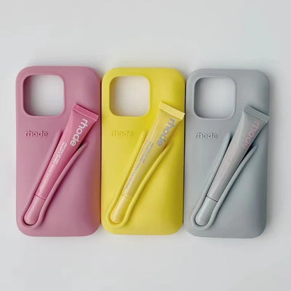 Lemontini Yellow Portable Lip Gloss Phone Silicone Soft Case for Iphone 17 11 12 13 14 15 16 Pro Max plus Lipstick Holder Cover﻿